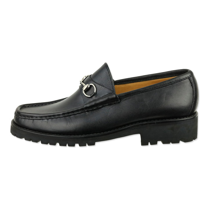 Gucci Black Leather Silver Horsebit Lug Sole Loafer