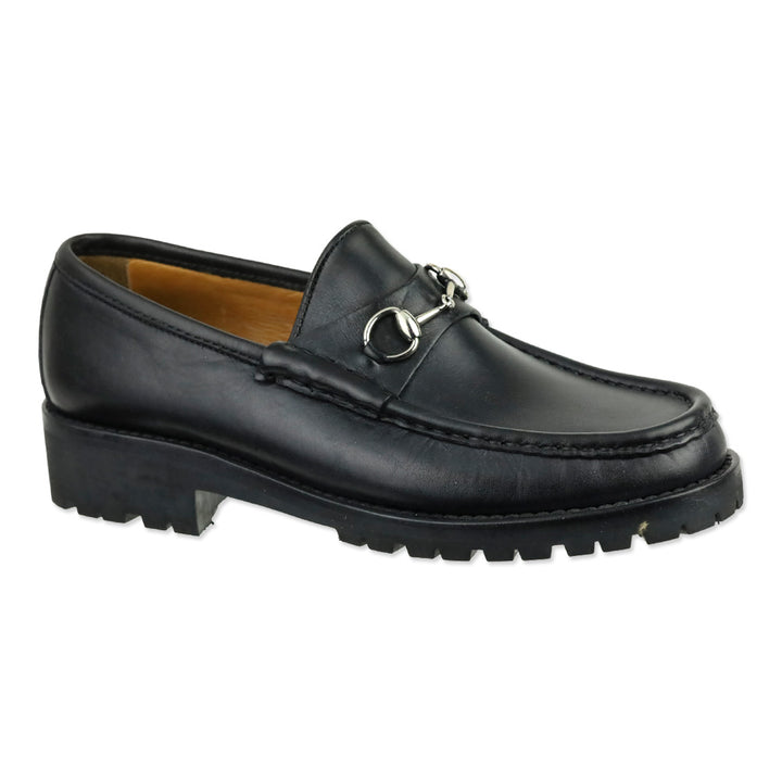 Gucci Black Leather Silver Horsebit Lug Sole Loafer