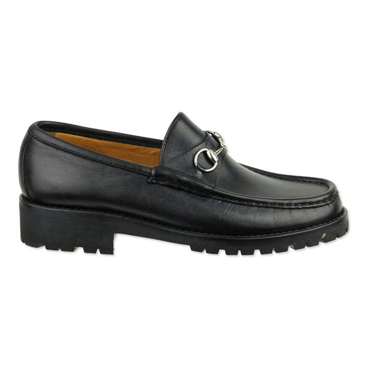 Gucci Black Leather Silver Horsebit Lug Sole Loafer