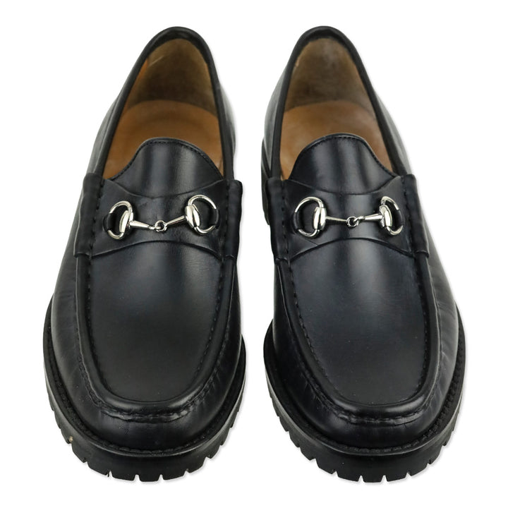Gucci Black Leather Silver Horsebit Lug Sole Loafer