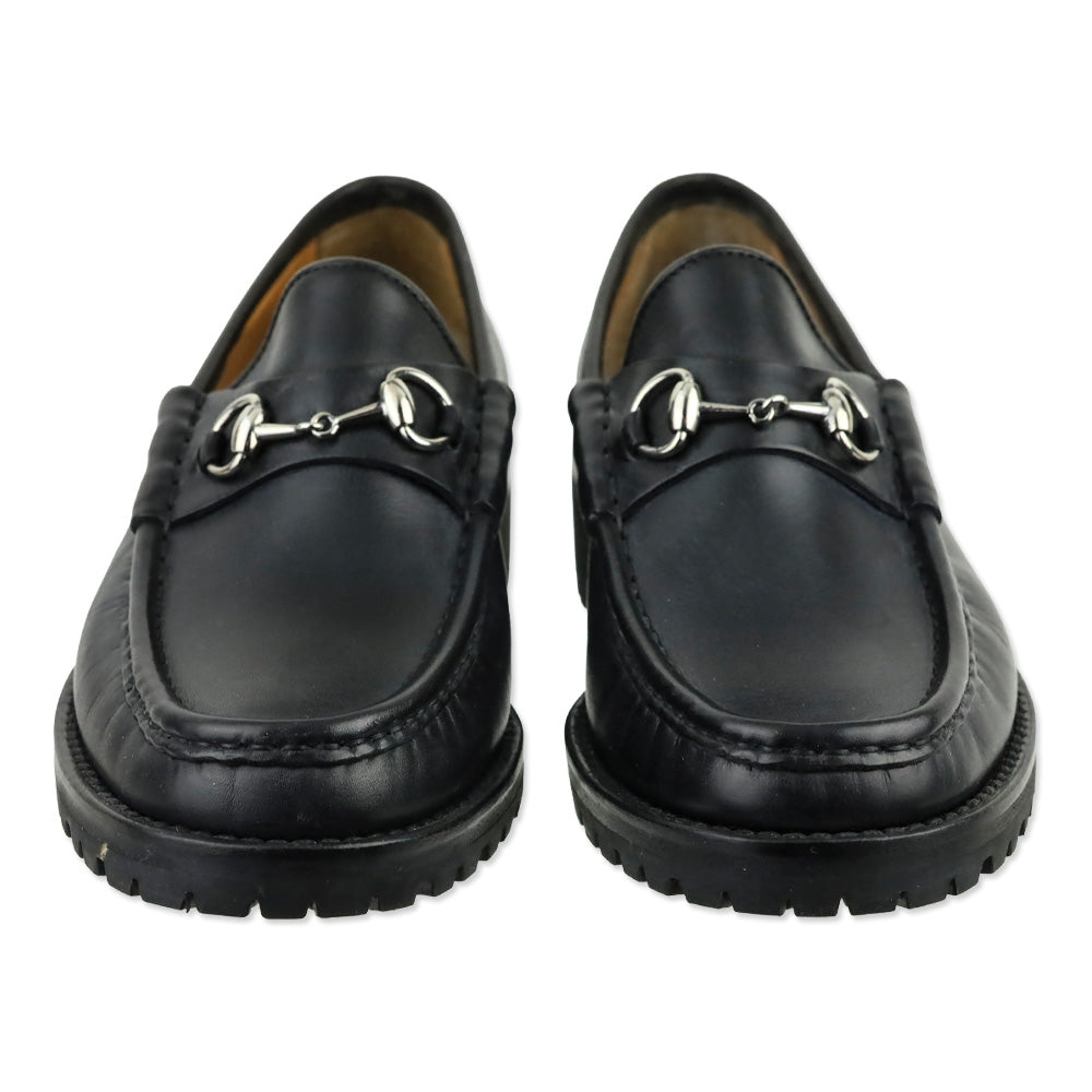 Gucci Black Leather Silver Horsebit Lug Sole Loafer
