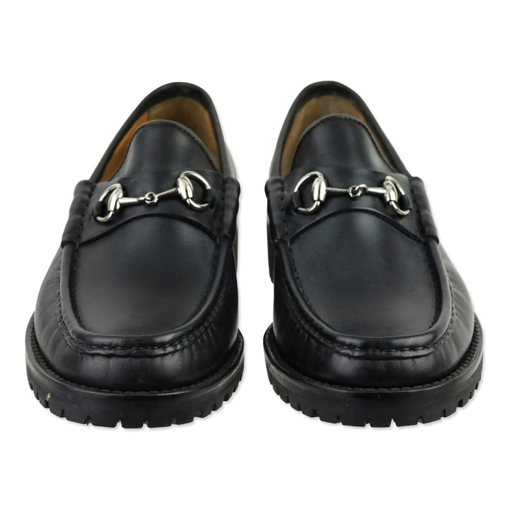 Gucci Black Leather Silver Horsebit Lug Sole Loafer