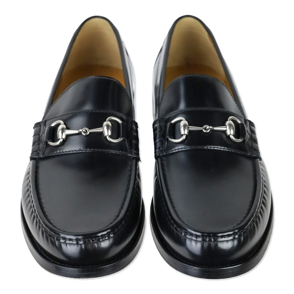 Gucci Black Leather Silver Horsebit Moc Toe Loafers