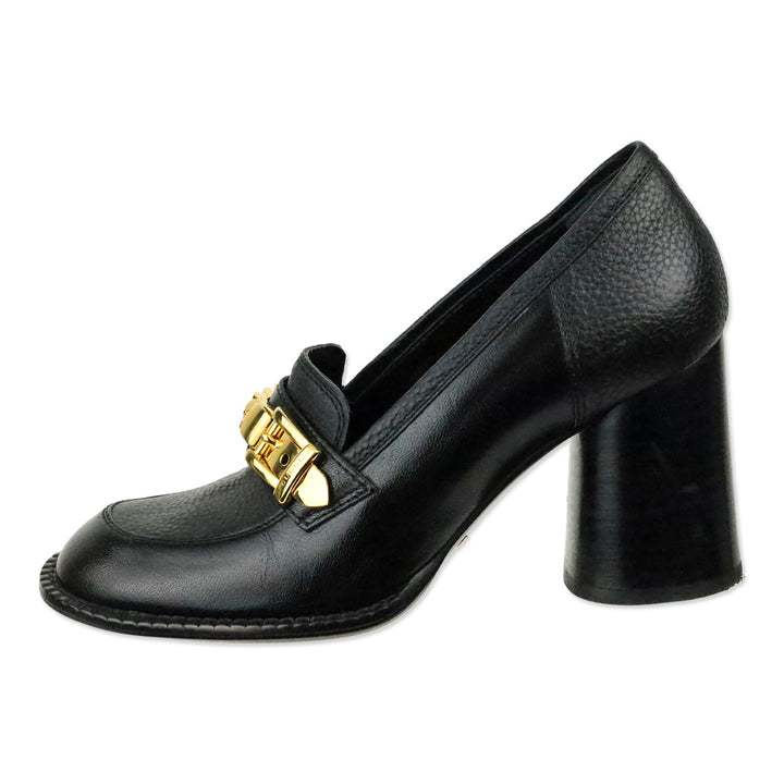 Gucci Black Leather Sylvie Chain-Detail Mid-Heel Loafers
