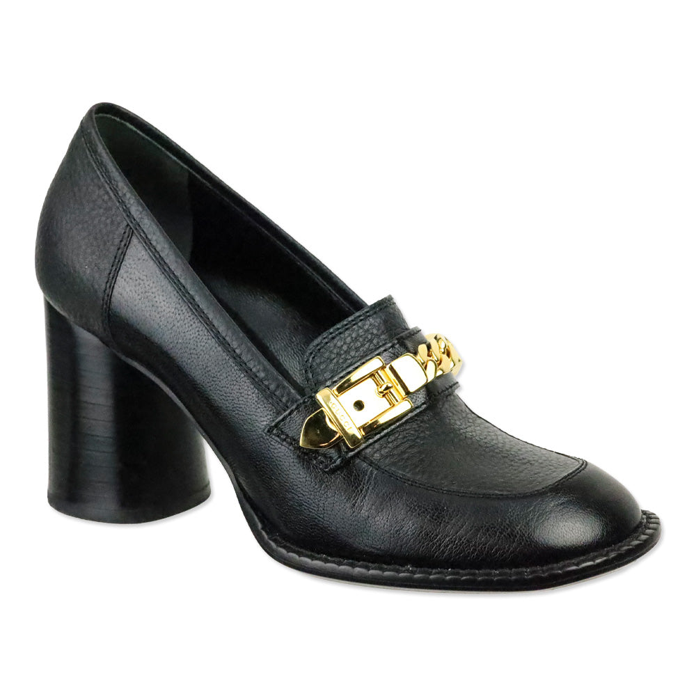 Gucci Black Leather Sylvie Chain-Detail Mid-Heel Loafers