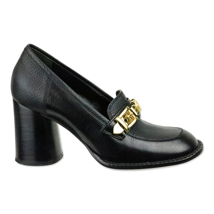 Gucci Black Leather Sylvie Chain-Detail Mid-Heel Loafers