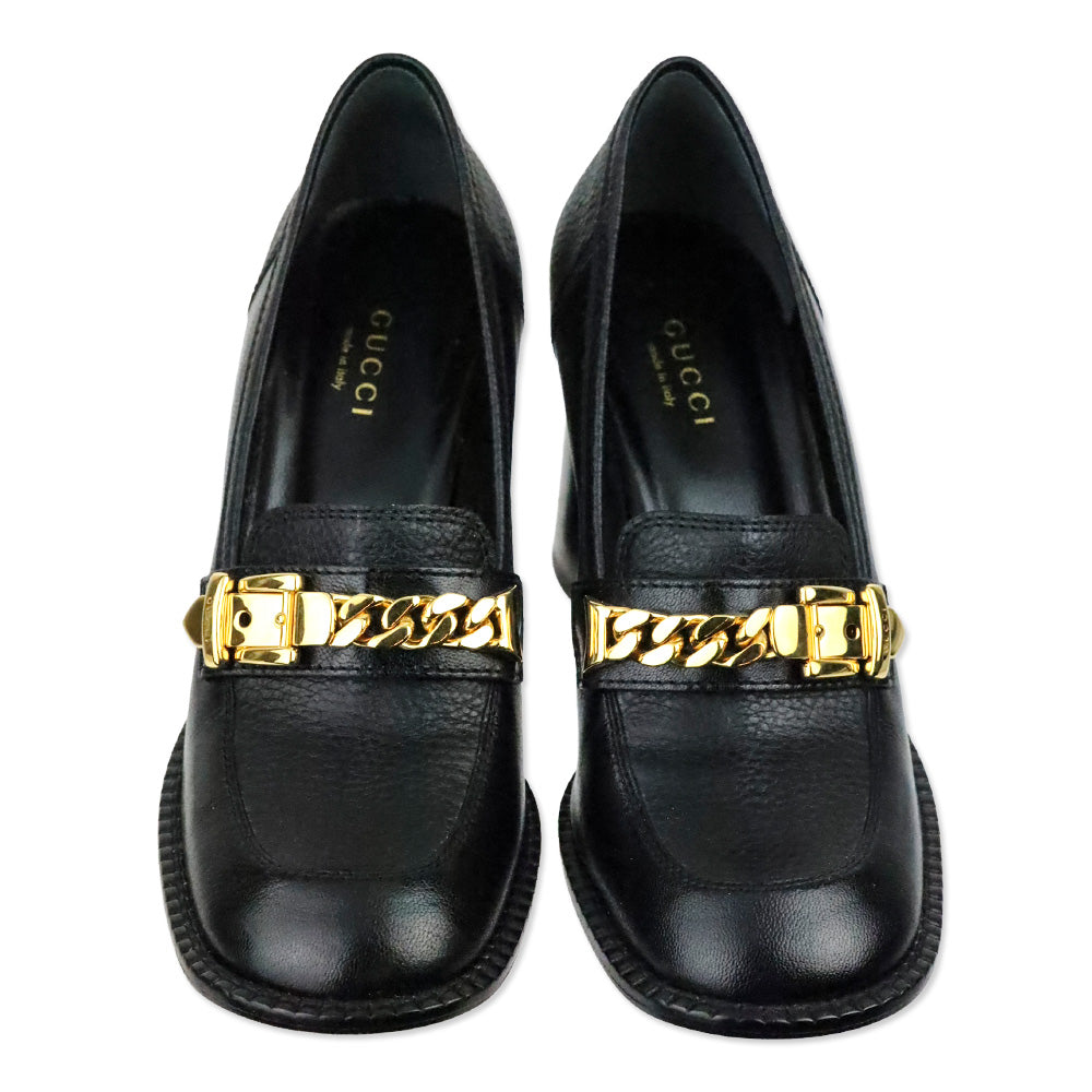 Gucci Black Leather Sylvie Chain-Detail Mid-Heel Loafers