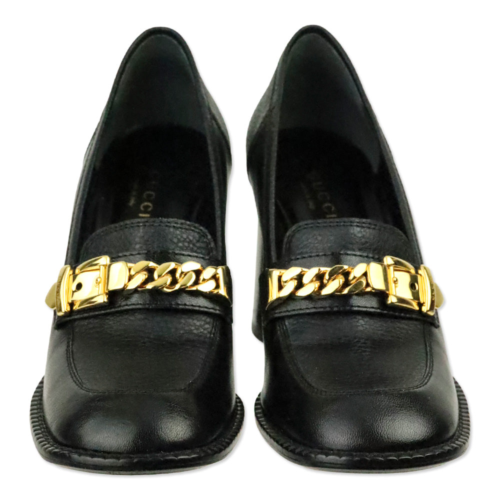Gucci Black Leather Sylvie Chain-Detail Mid-Heel Loafers
