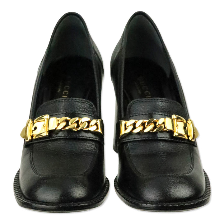 Gucci Black Leather Sylvie Chain-Detail Mid-Heel Loafers