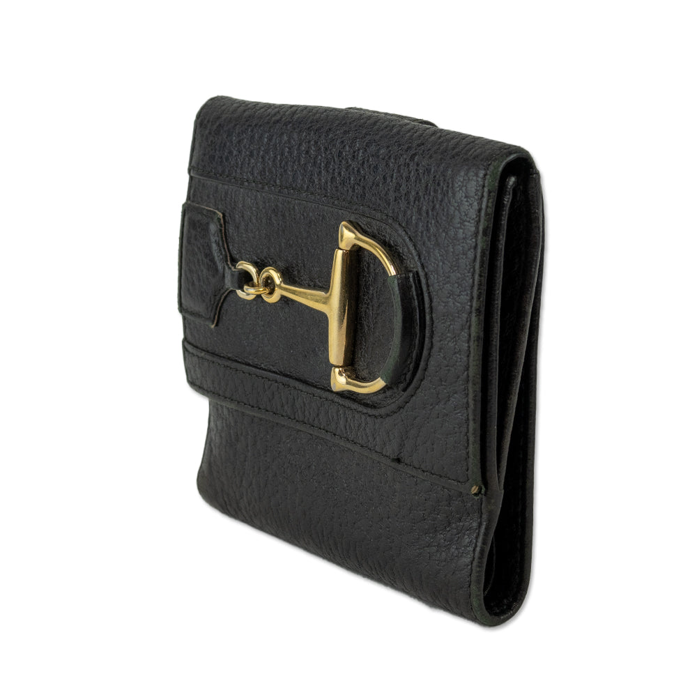 Gucci Black Grained Leather Gold Horsebit Trifold Wallet