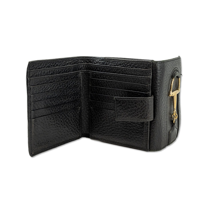 Gucci Black Grained Leather Gold Horsebit Trifold Wallet