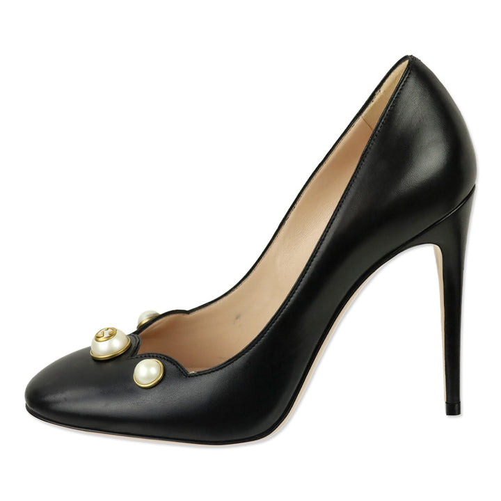 Gucci Black Leather Willow Scalloped GG Pearl Pumps