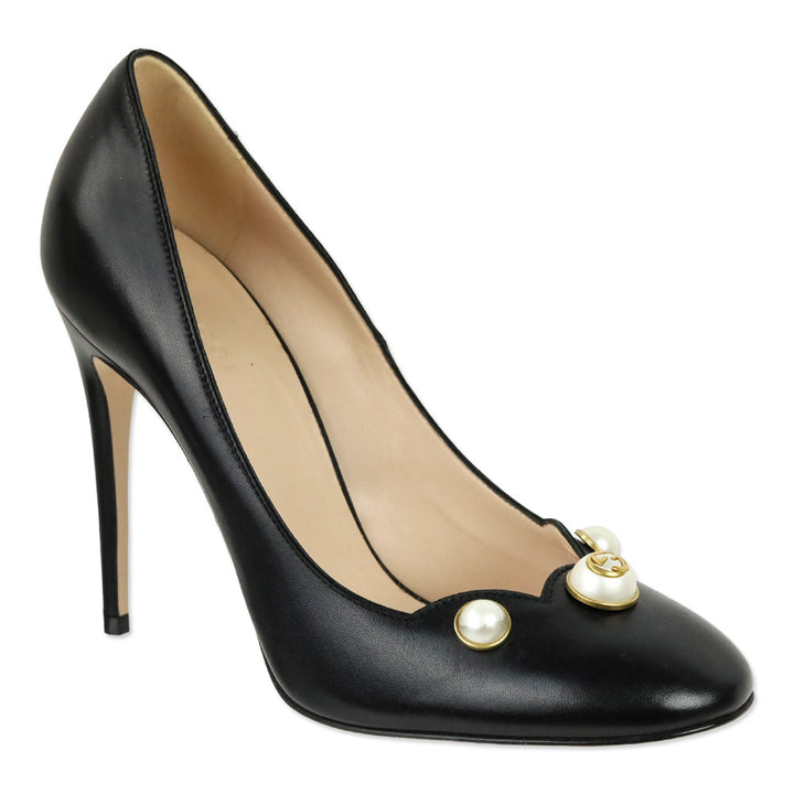Gucci Black Leather Willow Scalloped GG Pearl Pumps