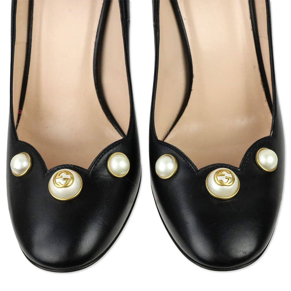 Gucci Black Leather Willow Scalloped GG Pearl Pumps