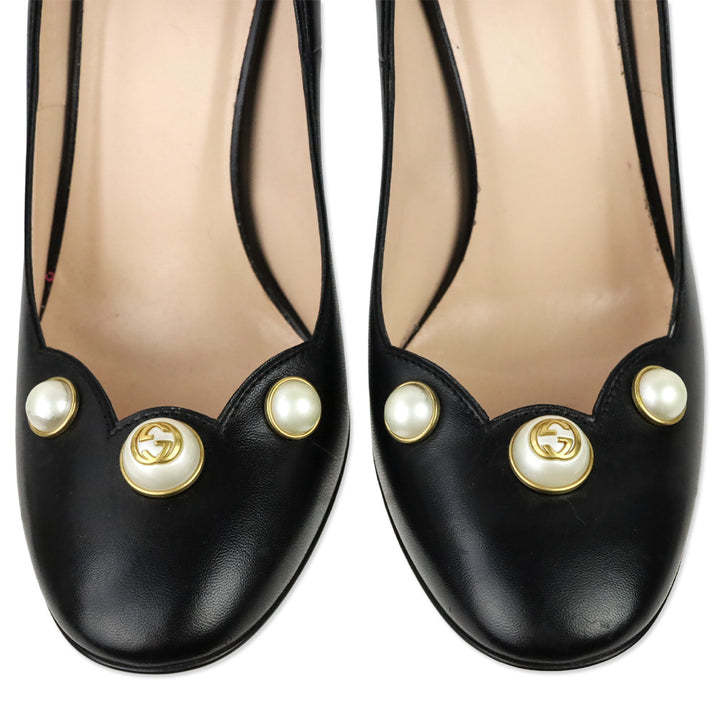Gucci Black Leather Willow Scalloped GG Pearl Pumps