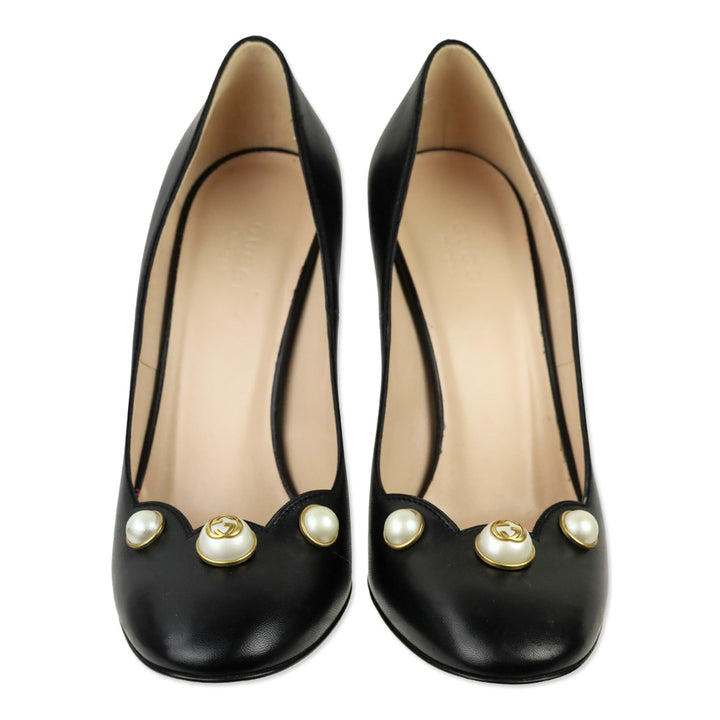 Gucci Black Leather Willow Scalloped GG Pearl Pumps