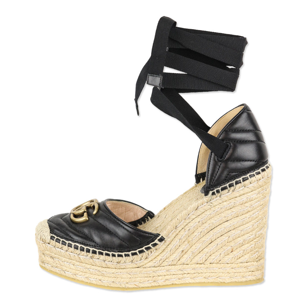 Gucci Black Matelassé Leather GG Marmont Ankle-Tie Platform Espadrille Wedge Pumps