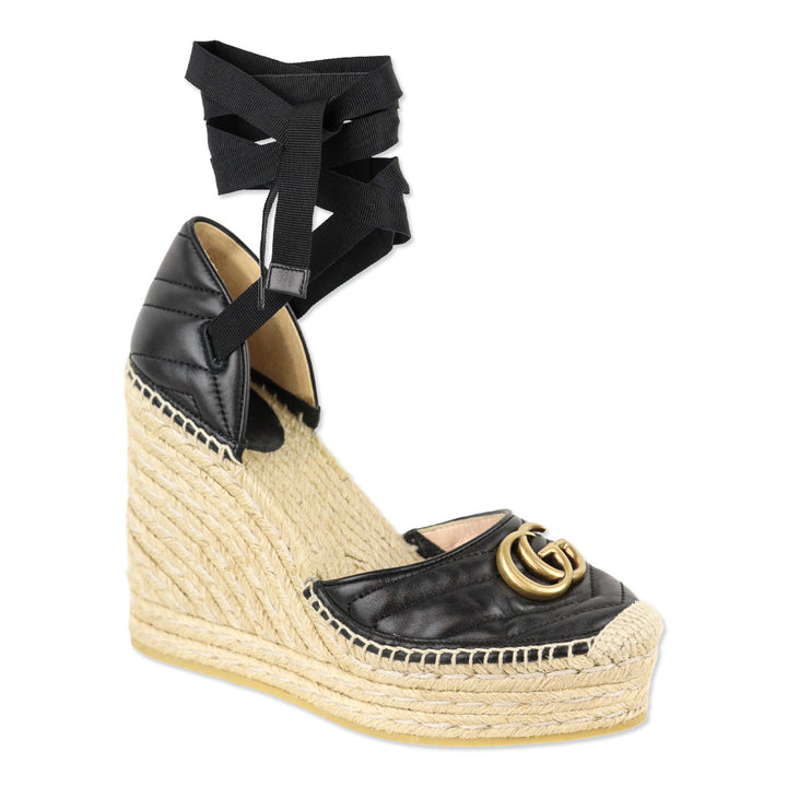 Gucci Black Matelassé Leather GG Marmont Ankle-Tie Platform Espadrille Wedge Pumps