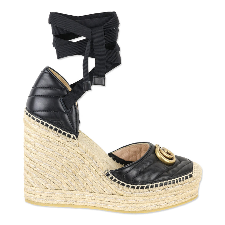 Gucci Black Matelassé Leather GG Marmont Ankle-Tie Platform Espadrille Wedge Pumps