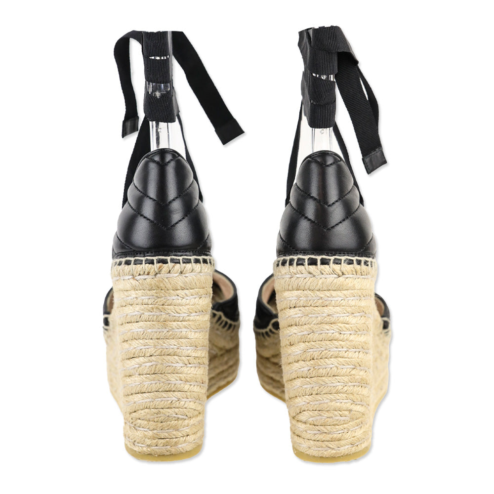 Gucci Black Matelassé Leather GG Marmont Ankle-Tie Platform Espadrille Wedge Pumps