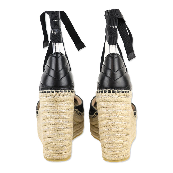 Gucci Black Matelassé Leather GG Marmont Ankle-Tie Platform Espadrille Wedge Pumps