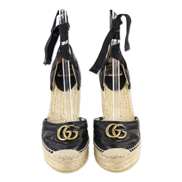 Gucci Black Matelassé Leather GG Marmont Ankle-Tie Platform Espadrille Wedge Pumps