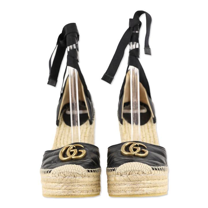 Gucci Black Matelassé Leather GG Marmont Ankle-Tie Platform Espadrille Wedge Pumps