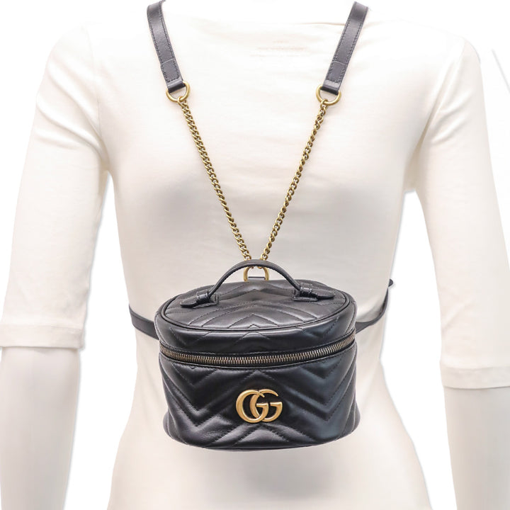 Gucci Black Matelassé Leather Mini GG Marmont Vanity Backpack