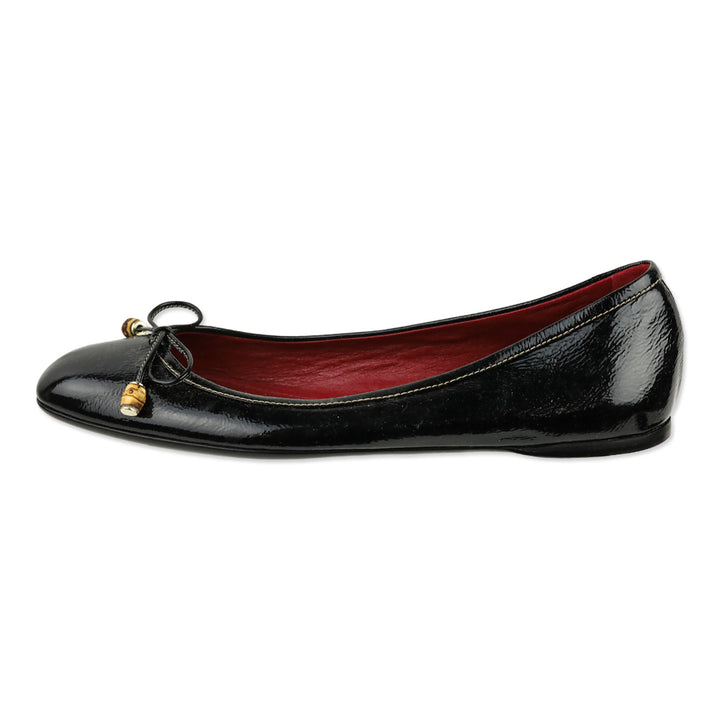 Gucci Black Patent Leather Bamboo Bow Ballet Flats