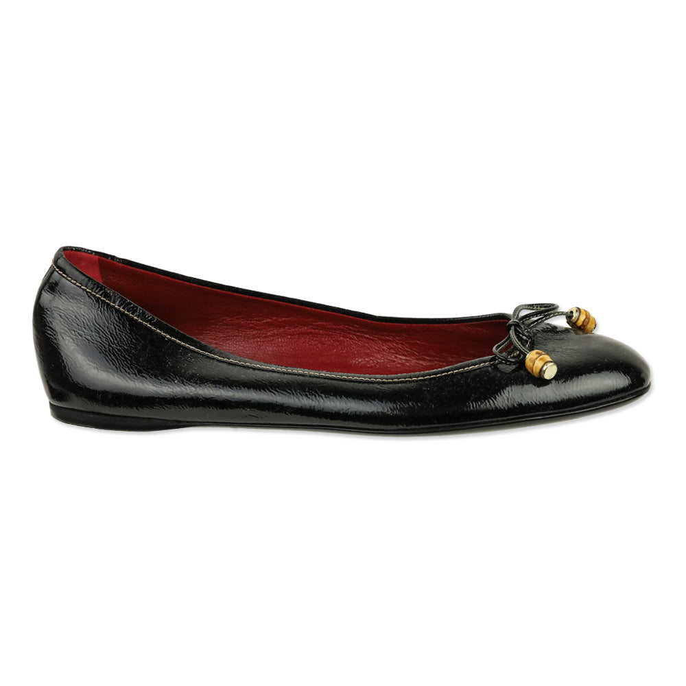 Gucci Black Patent Leather Bamboo Bow Ballet Flats