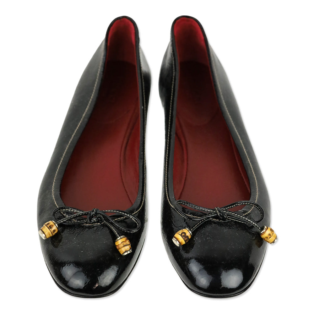 Gucci Black Patent Leather Bamboo Bow Ballet Flats