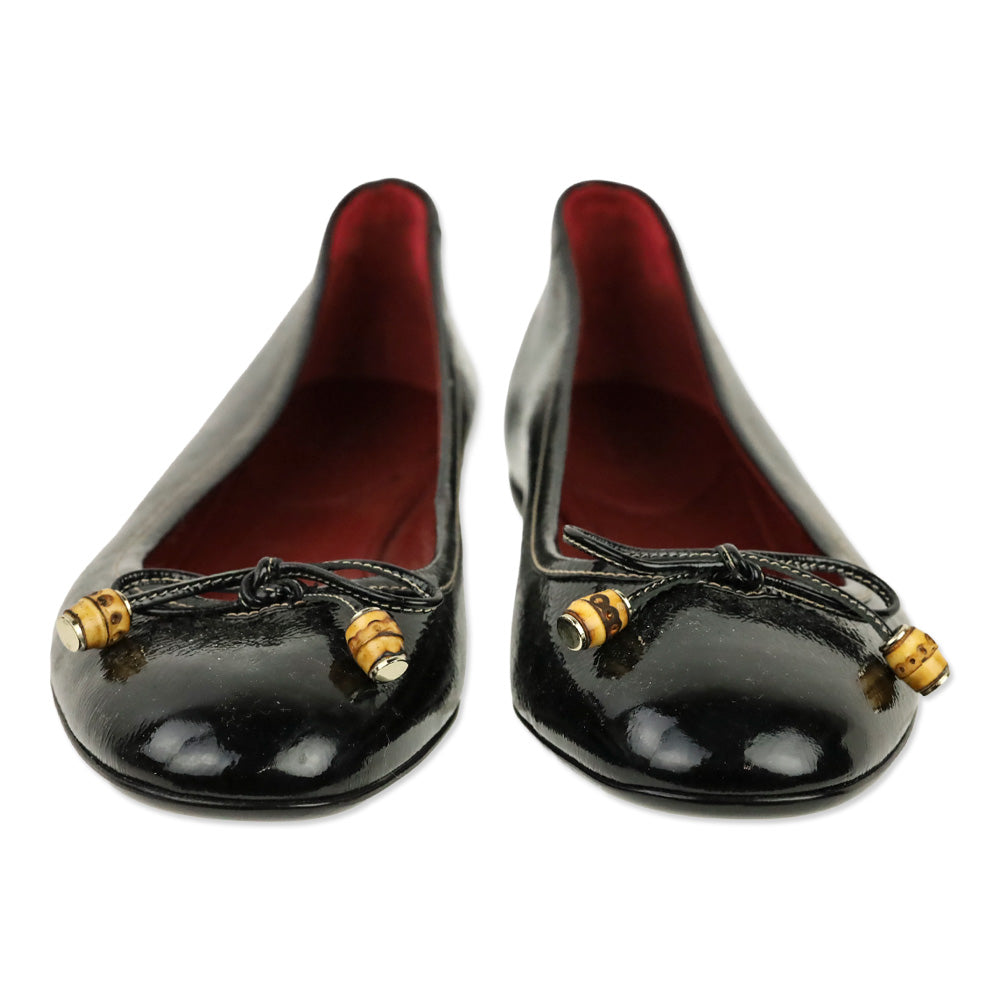 Gucci Black Patent Leather Bamboo Bow Ballet Flats