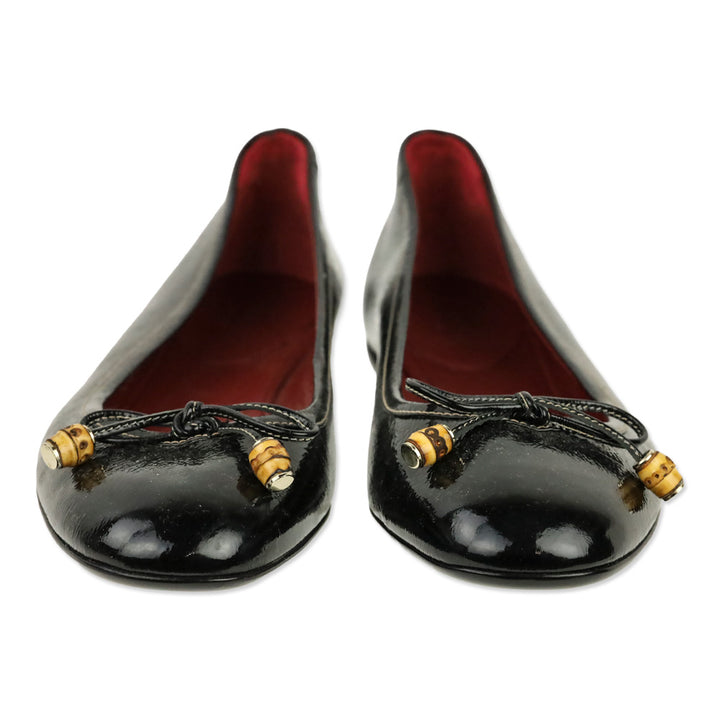 Gucci Black Patent Leather Bamboo Bow Ballet Flats