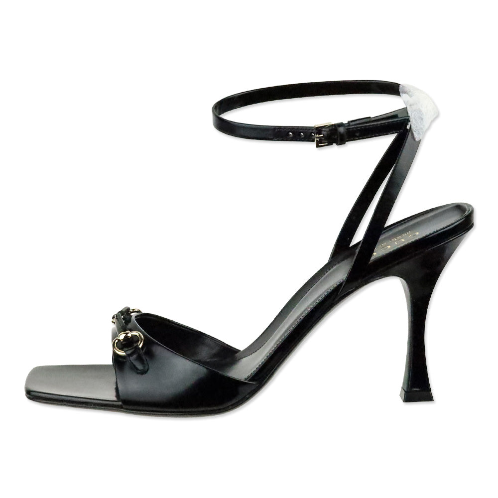 Gucci Black Patent Leather Horsebit Selene 85 Sandals