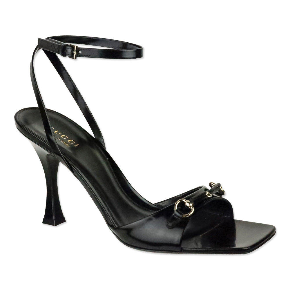 Gucci Black Patent Leather Horsebit Selene 85 Sandals