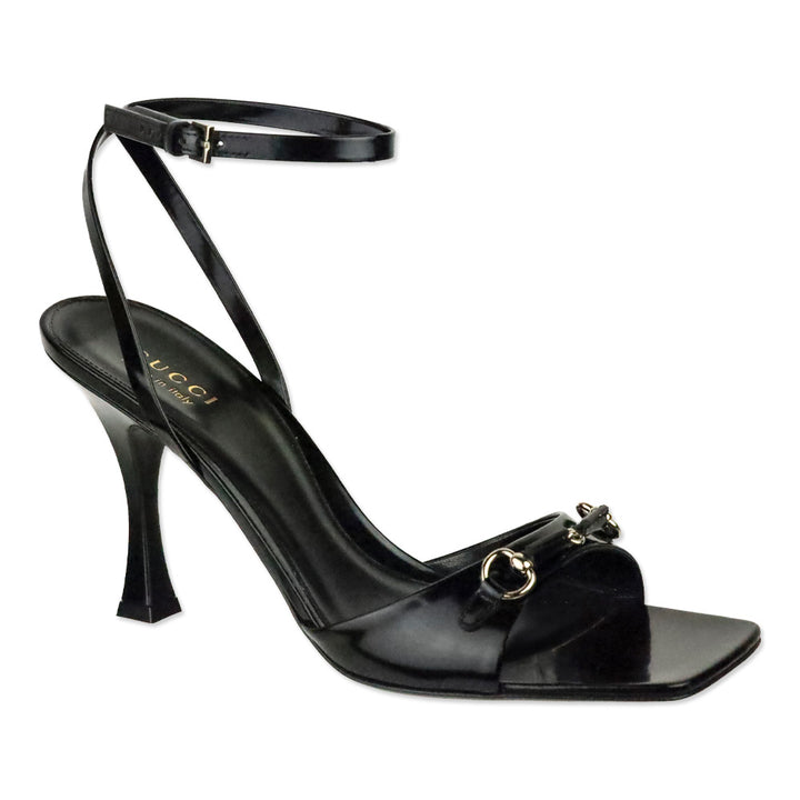 Gucci Black Patent Leather Horsebit Selene 85 Sandals