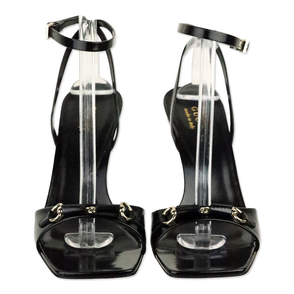 Gucci Black Patent Leather Horsebit Selene 85 Sandals