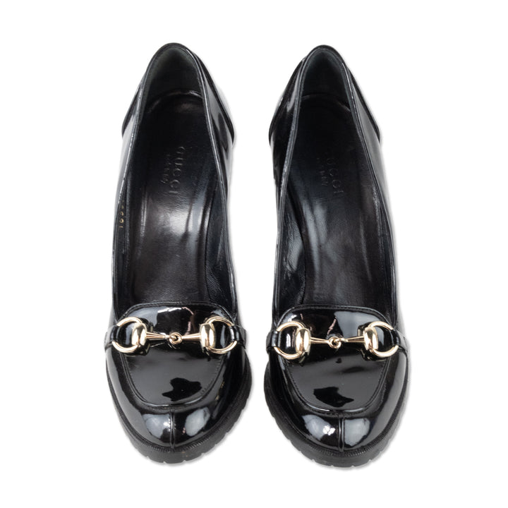 Gucci Black Patent Leather Round Toe Pumps with Silver Horse-bit Buckle