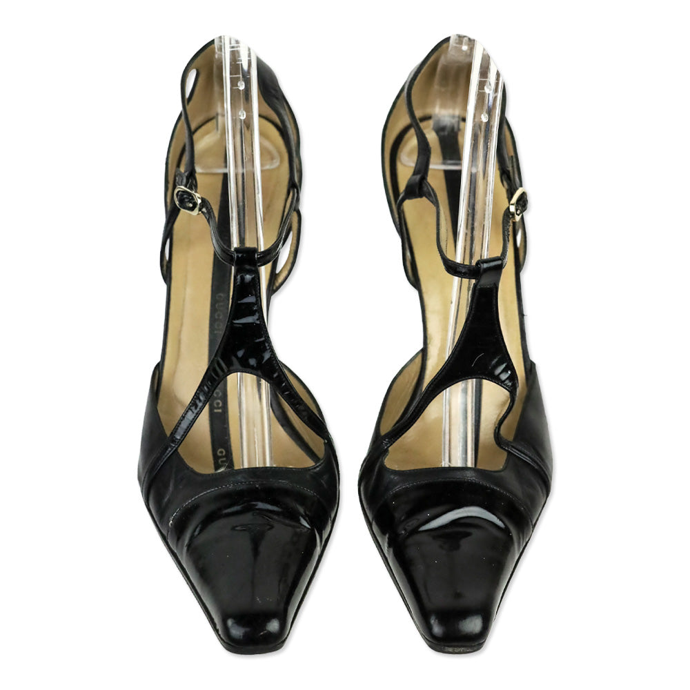 Gucci Black Patent/Leather Strappy Pumps