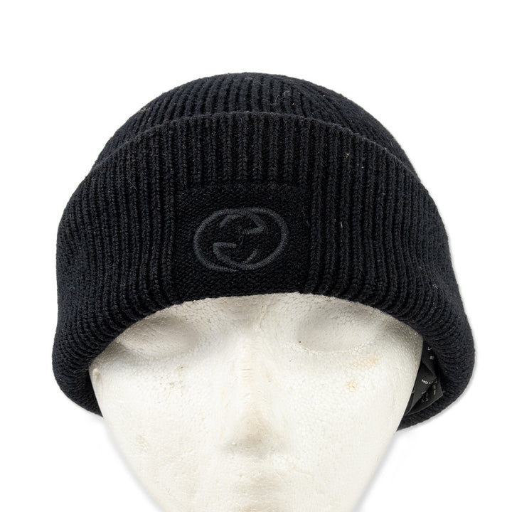 Gucci Black Ribbed Knit Logo Beanie