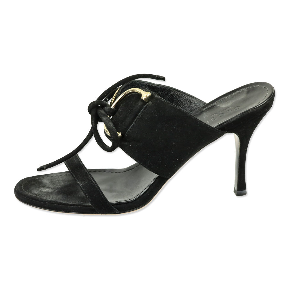 Gucci Black Suede Horsebit Tie-Front Mule Sandal