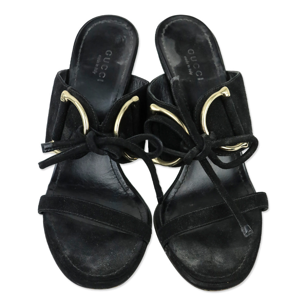 Gucci Black Suede Horsebit Tie-Front Mule Sandal