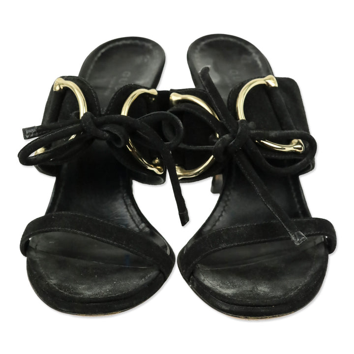 Gucci Black Suede Horsebit Tie-Front Mule Sandal