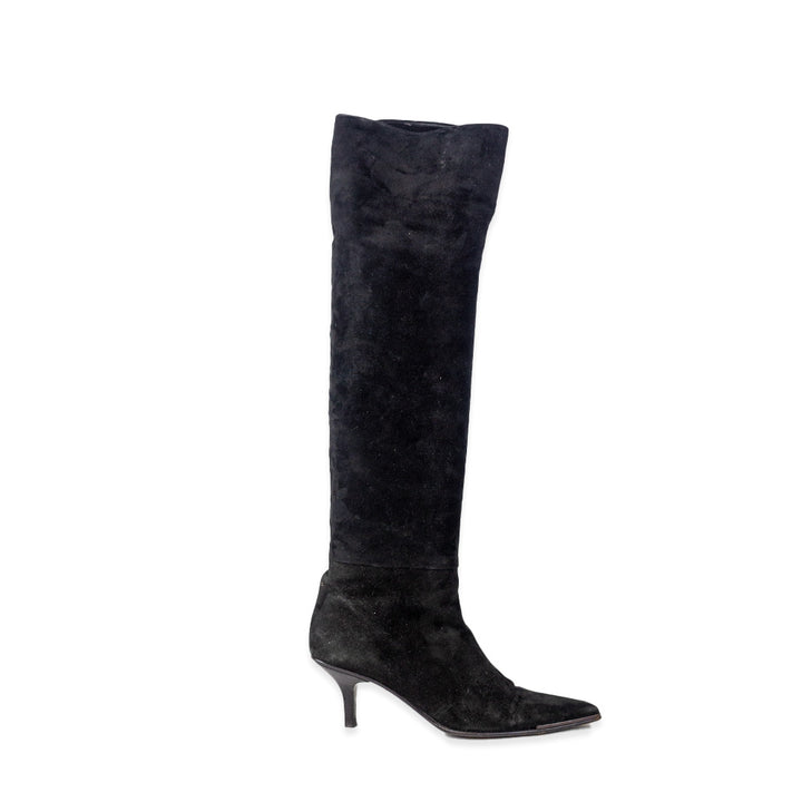 Gucci Black Suede Kitten Heel Knee High Boots