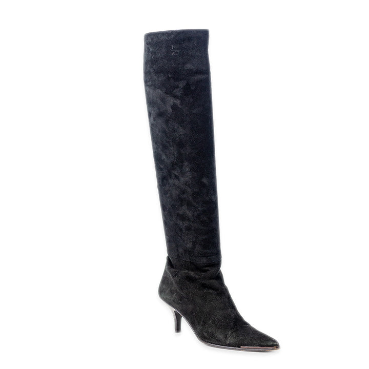 Gucci Black Suede Kitten Heel Knee High Boots