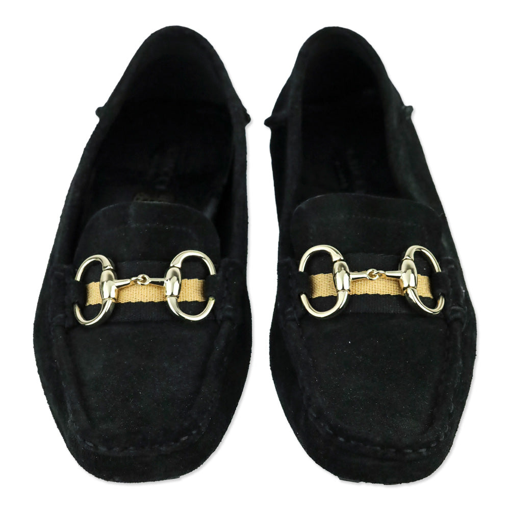 Gucci Black Suede Web Horsebit Driving Loafers
