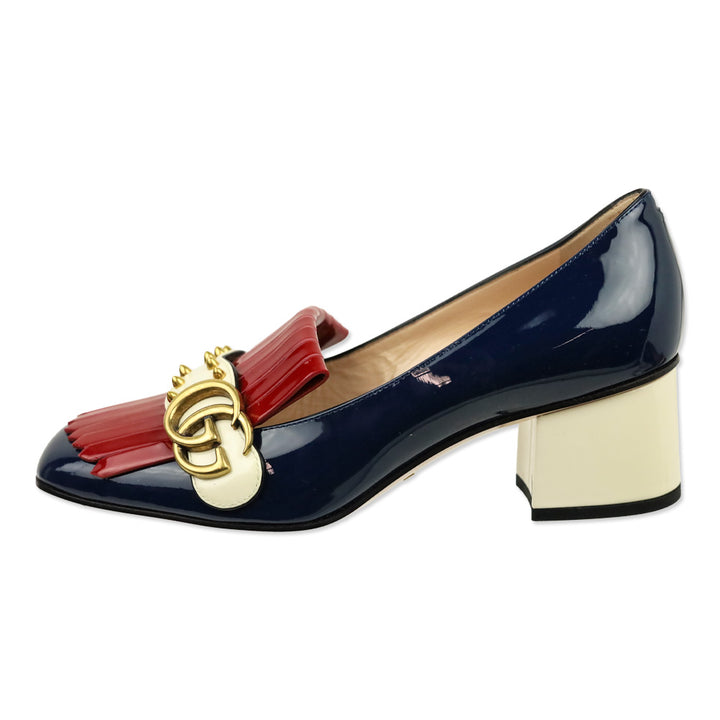 Gucci Blue Agata/Hibiscus Red/Mystic White Vernice Studded GG Marmont Fringed Loafer Pumps