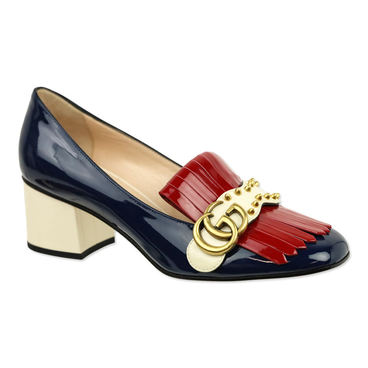 Gucci Blue Agata/Hibiscus Red/Mystic White Vernice Studded GG Marmont Fringed Loafer Pumps