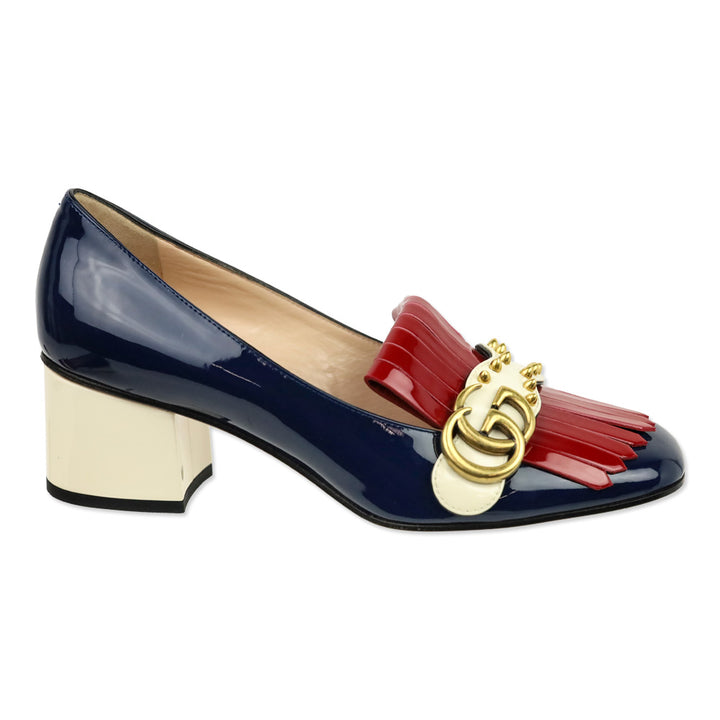 Gucci Blue Agata/Hibiscus Red/Mystic White Vernice Studded GG Marmont Fringed Loafer Pumps
