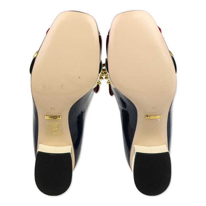 Gucci Blue Agata/Hibiscus Red/Mystic White Vernice Studded GG Marmont Fringed Loafer Pumps